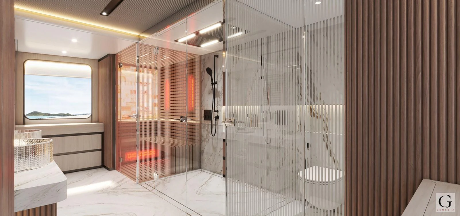 A luxurious yacht bathroom featuring modern fixtures and elegant design. aboard MAJESTY 145 Yacht for Sale