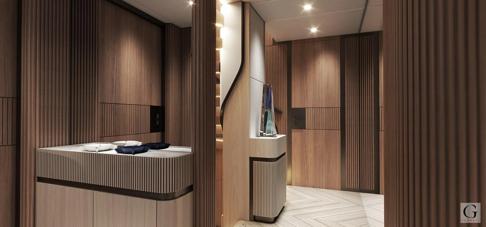 The yacht's interior features a modern design with warm wood paneling and sleek lines. aboard MAJESTY 145 Yacht for Sale