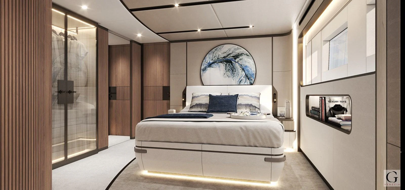 The stateroom features a luxurious bed with elegant decor and ample storage space. aboard MAJESTY 145 Yacht for Sale