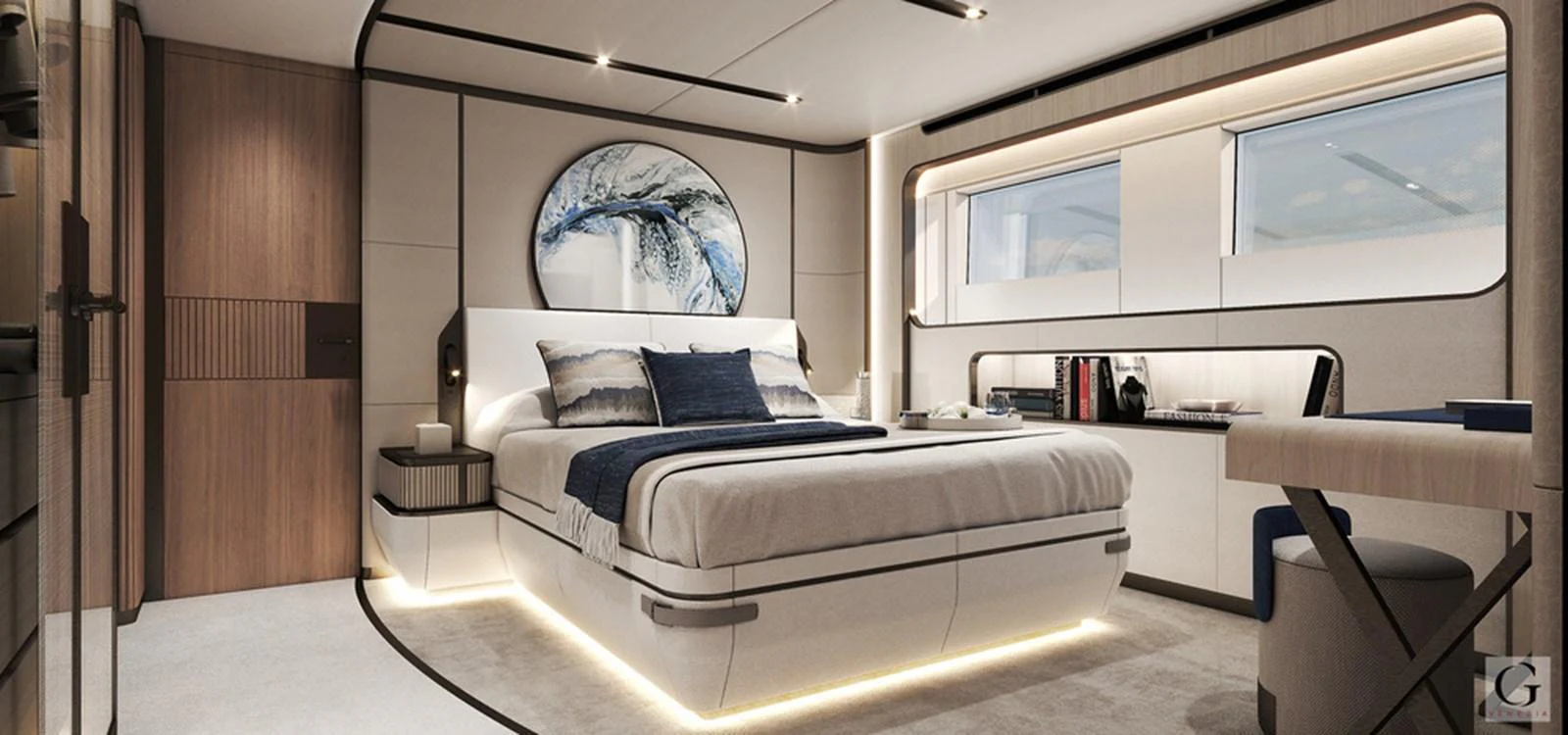 The luxurious stateroom features a modern design with elegant furnishings and ample natural light. aboard MAJESTY 145 Yacht for Sale