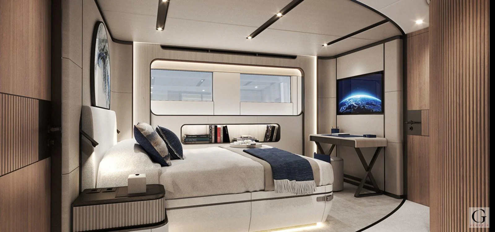 A luxurious stateroom featuring modern design and elegant furnishings. aboard MAJESTY 145 Yacht for Sale