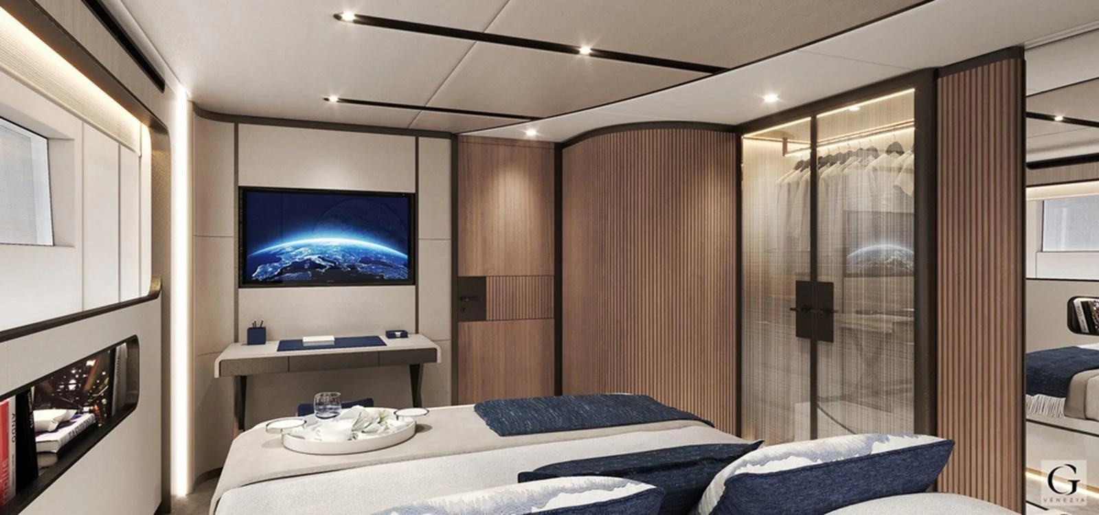 The master stateroom features a modern design with a large bed, a flat-screen TV, and ample storage space. aboard MAJESTY 145 Yacht for Sale