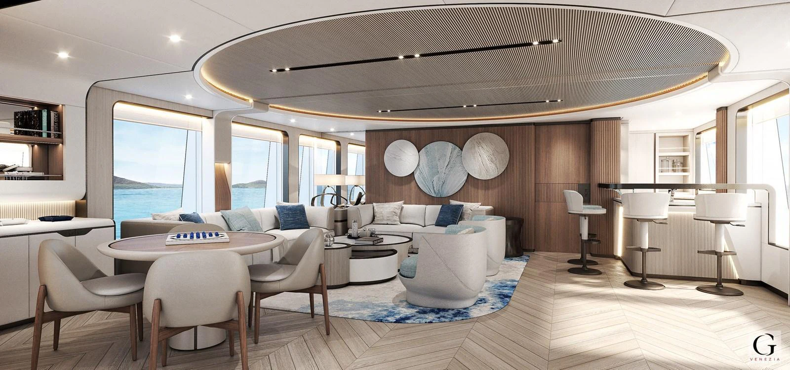 The salon features modern furnishings with a spacious and elegant design. aboard MAJESTY 145 Yacht for Sale