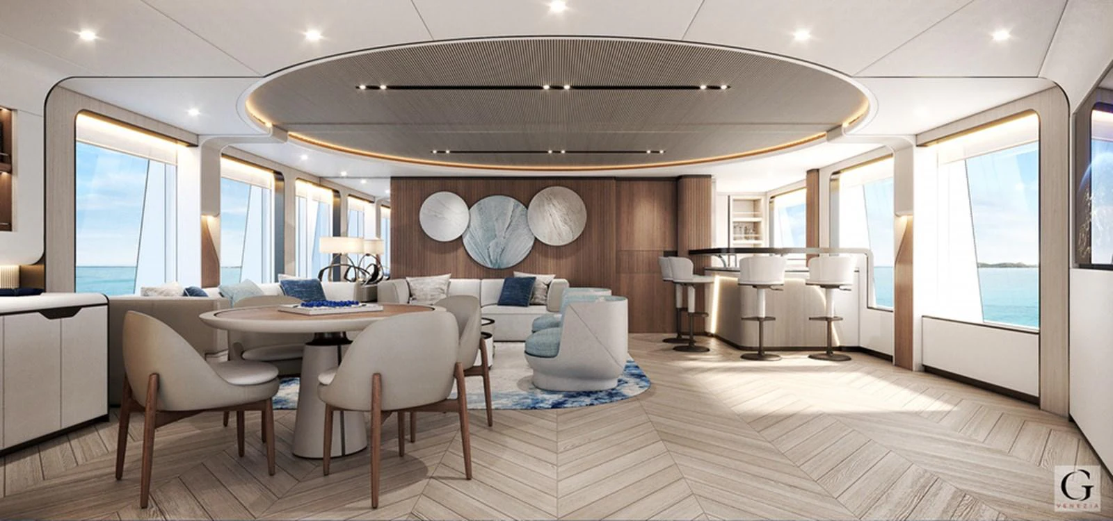 The yacht's salon features elegant furnishings and expansive windows offering panoramic ocean views. aboard MAJESTY 145 Yacht for Sale