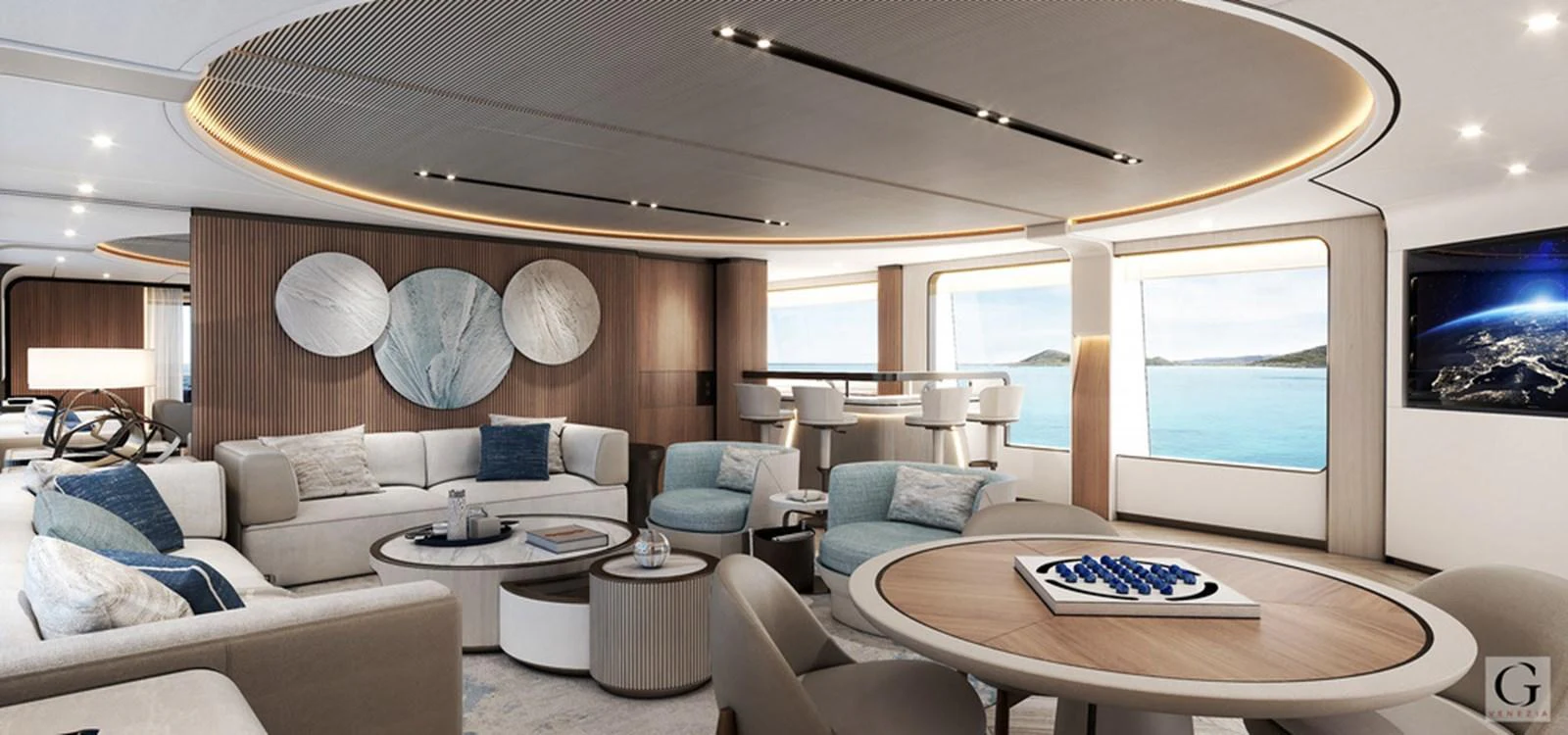 The salon offers a luxurious and spacious area with modern furnishings and stunning ocean views. aboard MAJESTY 145 Yacht for Sale