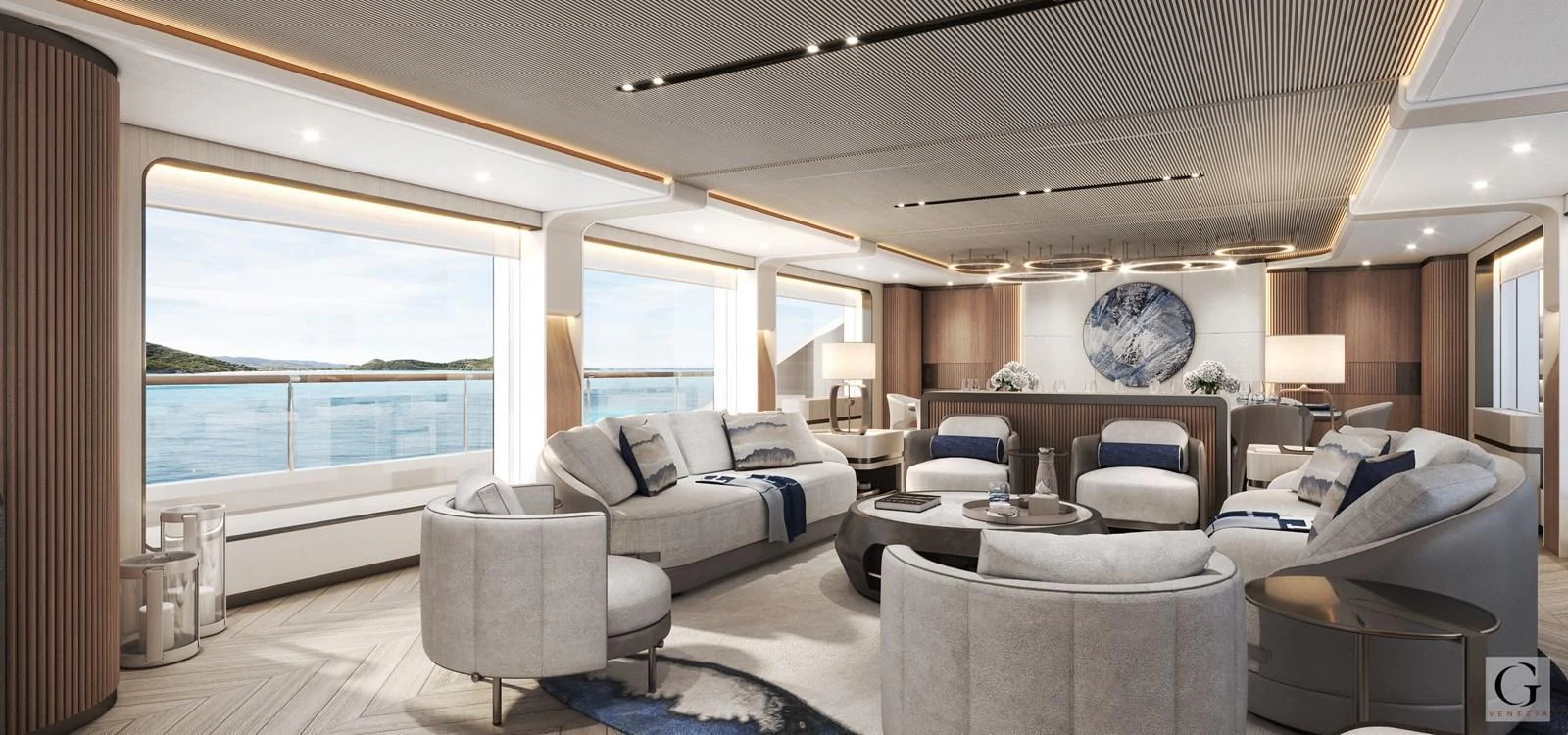 The spacious salon features elegant seating with panoramic views of the sea. aboard MAJESTY 145 Yacht for Sale