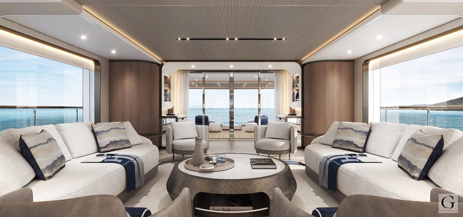 The spacious salon offers luxurious seating with panoramic views of the sea. aboard MAJESTY 145 Yacht for Sale