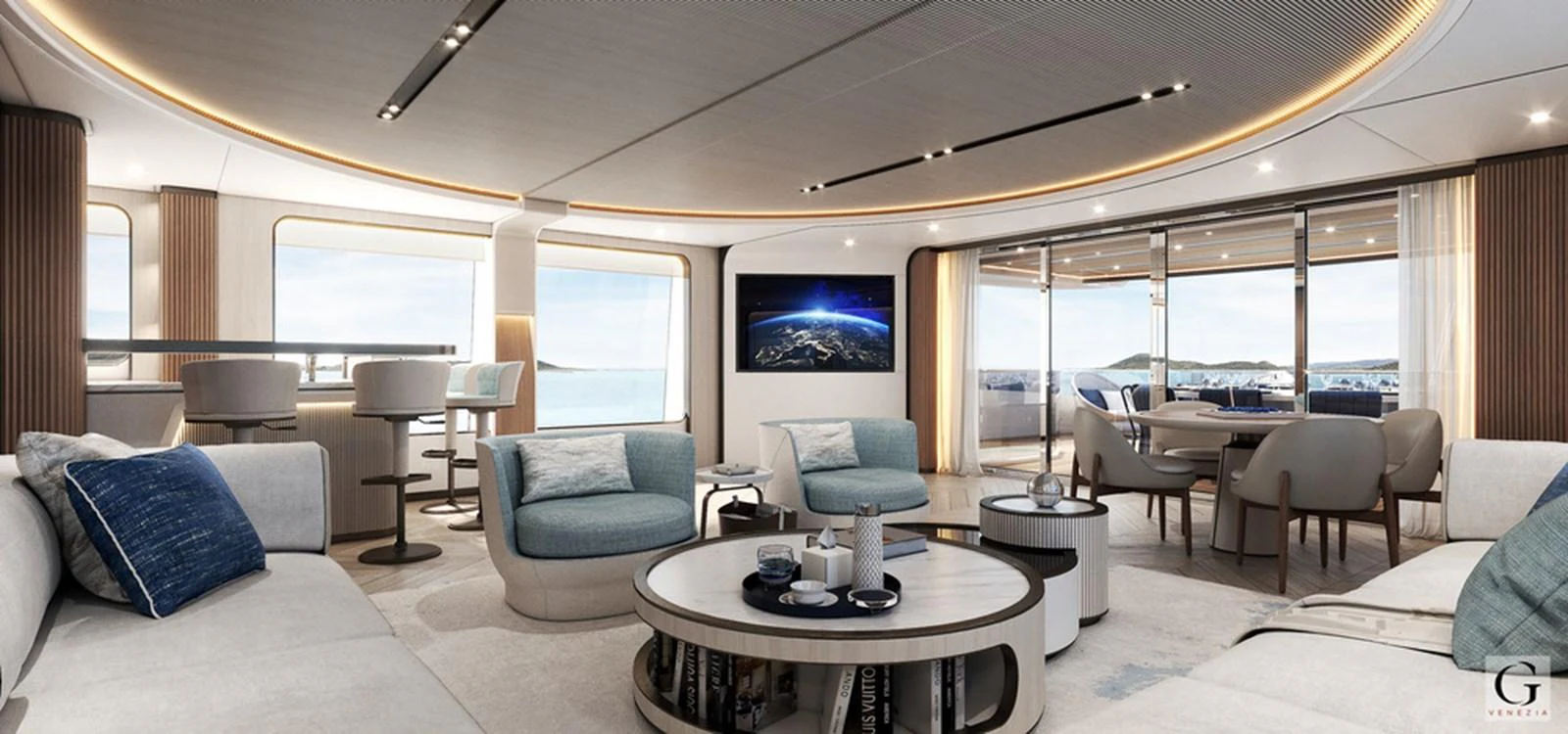 The yacht's salon features elegant seating, modern decor, and large windows offering stunning views. aboard MAJESTY 145 Yacht for Sale