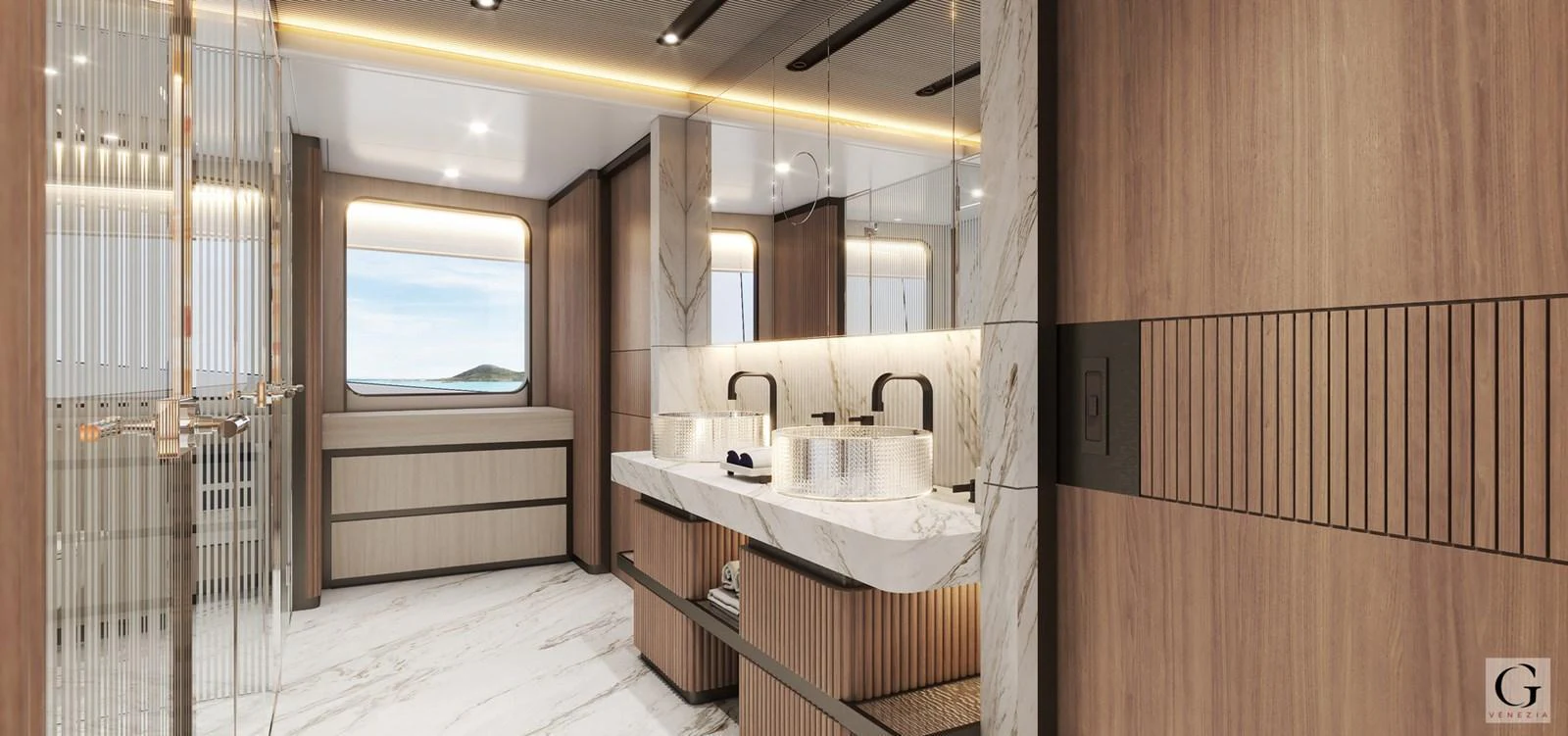 The yacht's bathroom features elegant marble surfaces and modern fixtures, creating a luxurious and serene atmosphere. aboard MAJESTY 145 Yacht for Sale