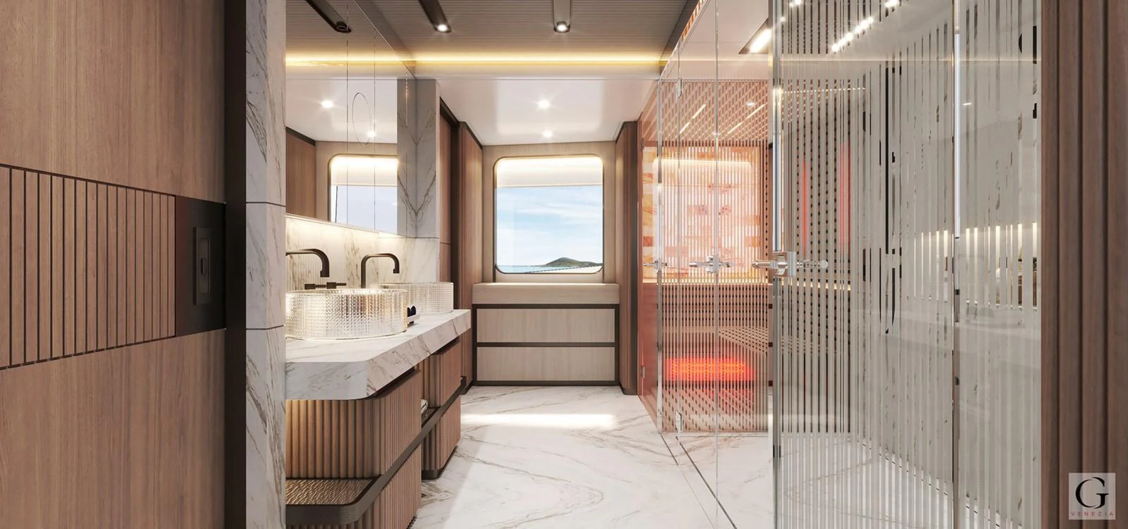 A luxurious yacht bathroom with modern fixtures and a scenic window view. aboard MAJESTY 145 Yacht for Sale