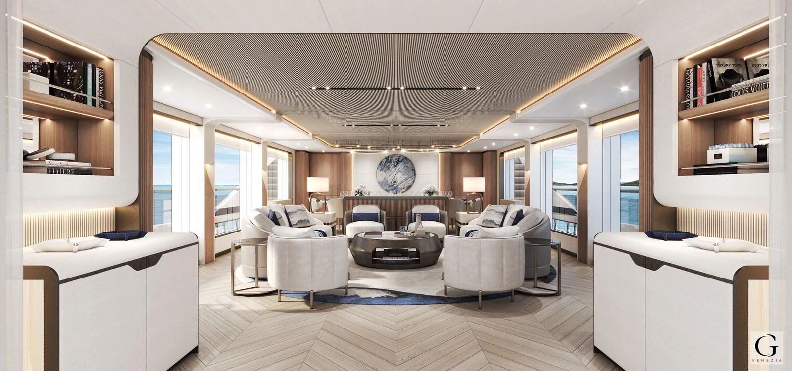 The yacht's salon features luxurious seating and elegant decor with ample natural light. aboard MAJESTY 145 Yacht for Sale