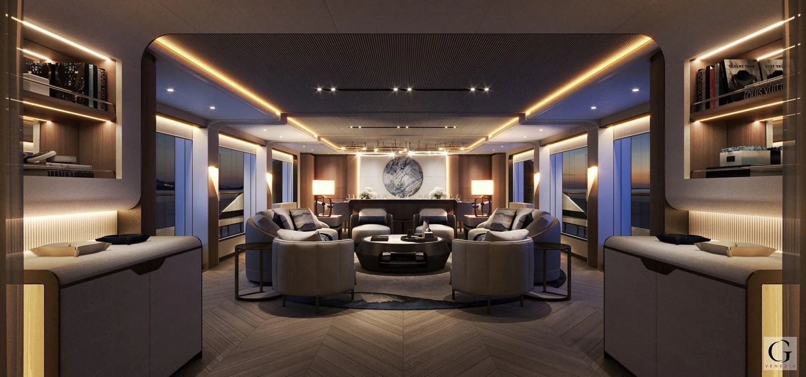 The salon exudes elegance with its sophisticated lighting and plush seating arrangements. aboard MAJESTY 145 Yacht for Sale