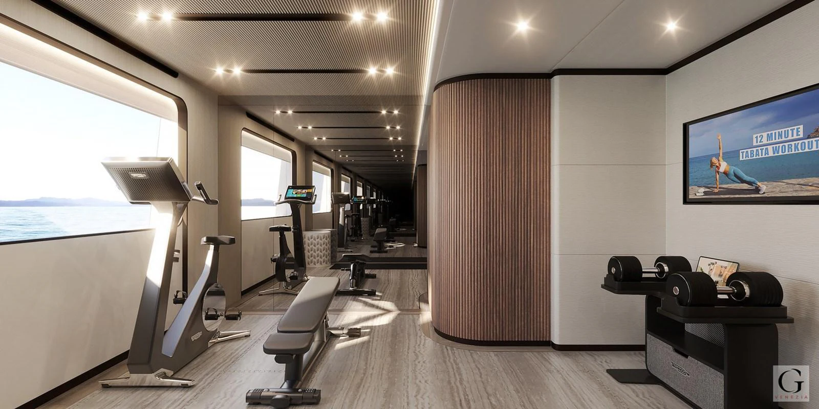 The yacht's gym is equipped with modern fitness machines and offers a serene view of the sea. aboard MAJESTY 145 Yacht for Sale
