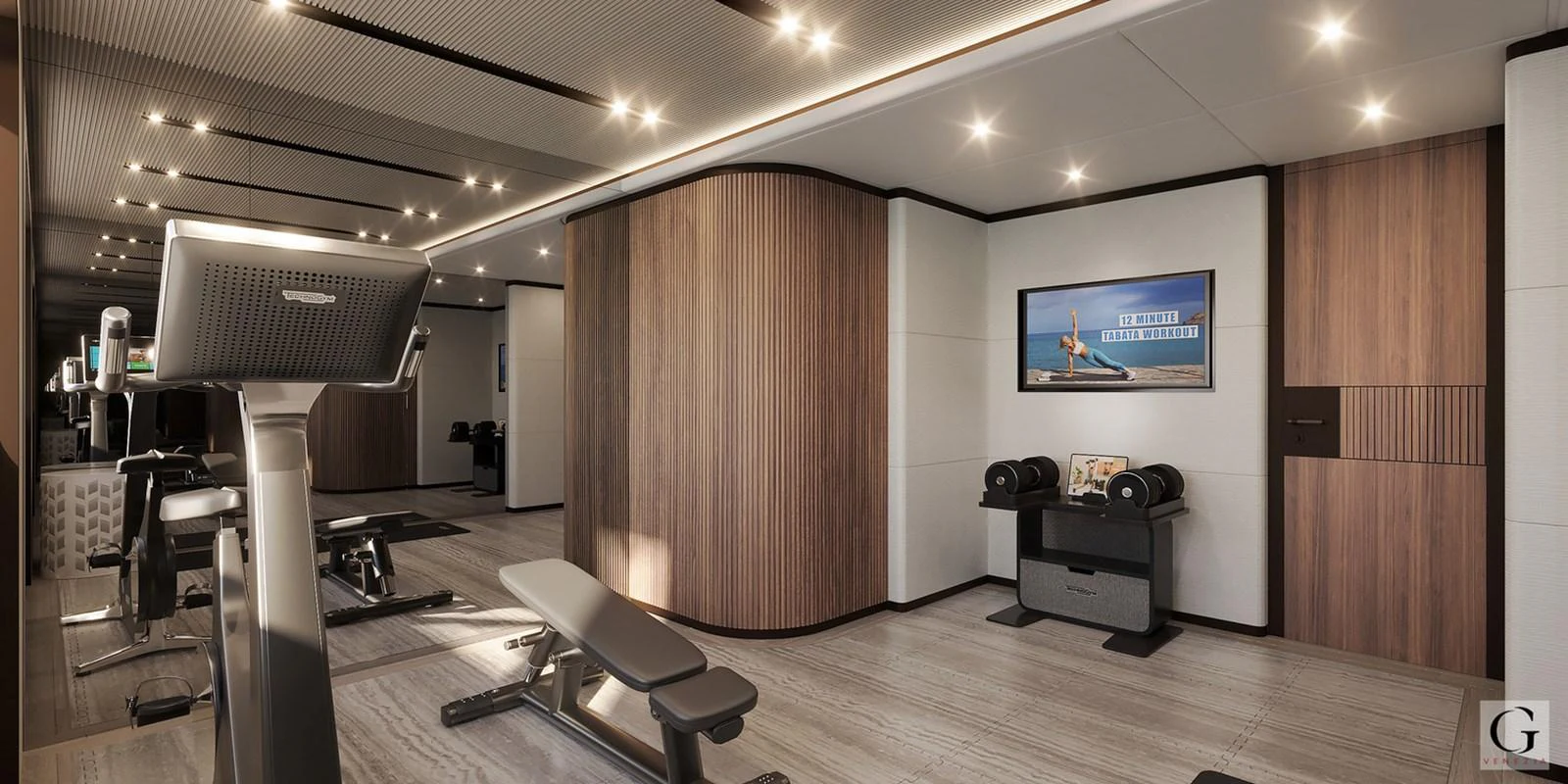 The yacht's gym is equipped with modern fitness equipment and stylish wood paneling. aboard MAJESTY 145 Yacht for Sale