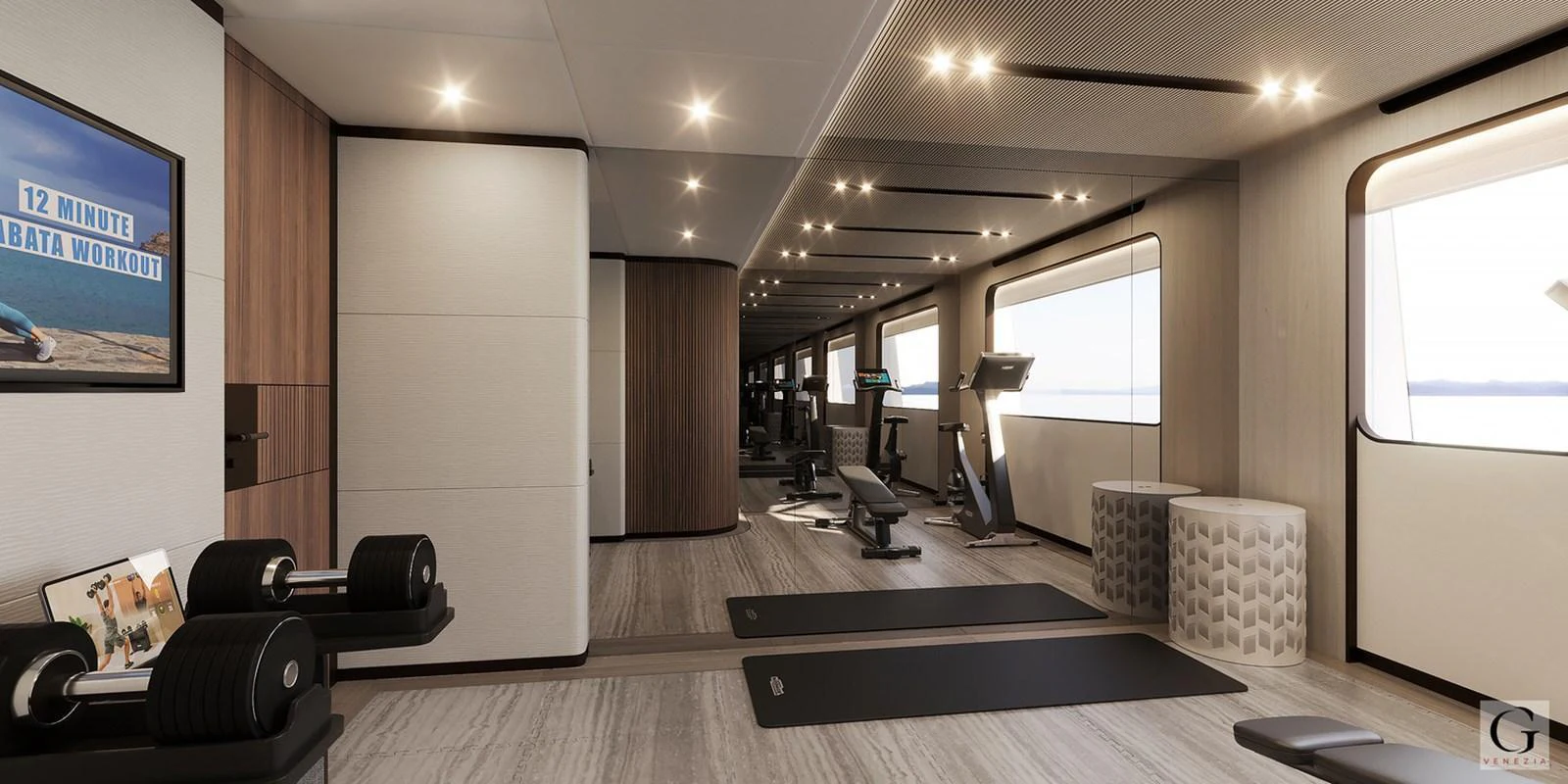 The yacht's gym is equipped with modern fitness equipment and offers a spacious area for workouts. aboard MAJESTY 145 Yacht for Sale