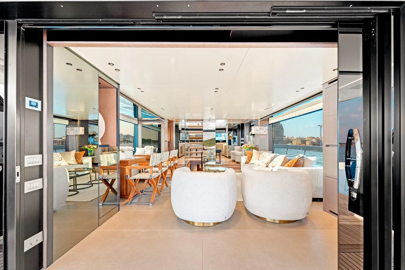 a room with a large glass door aboard NORTH Yacht for Sale
