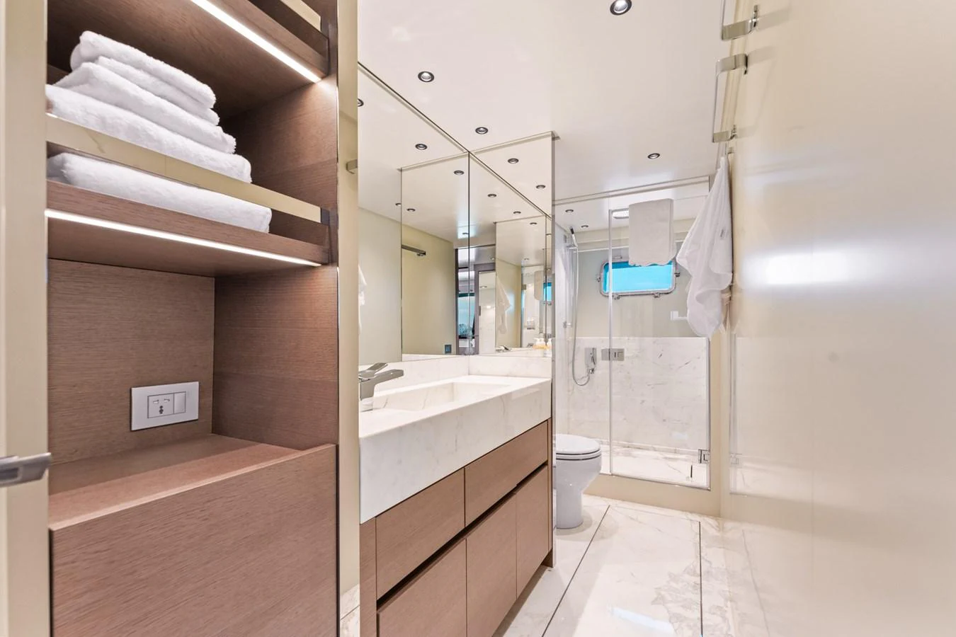 a bathroom with a sink and a mirror aboard NORTH Yacht for Sale
