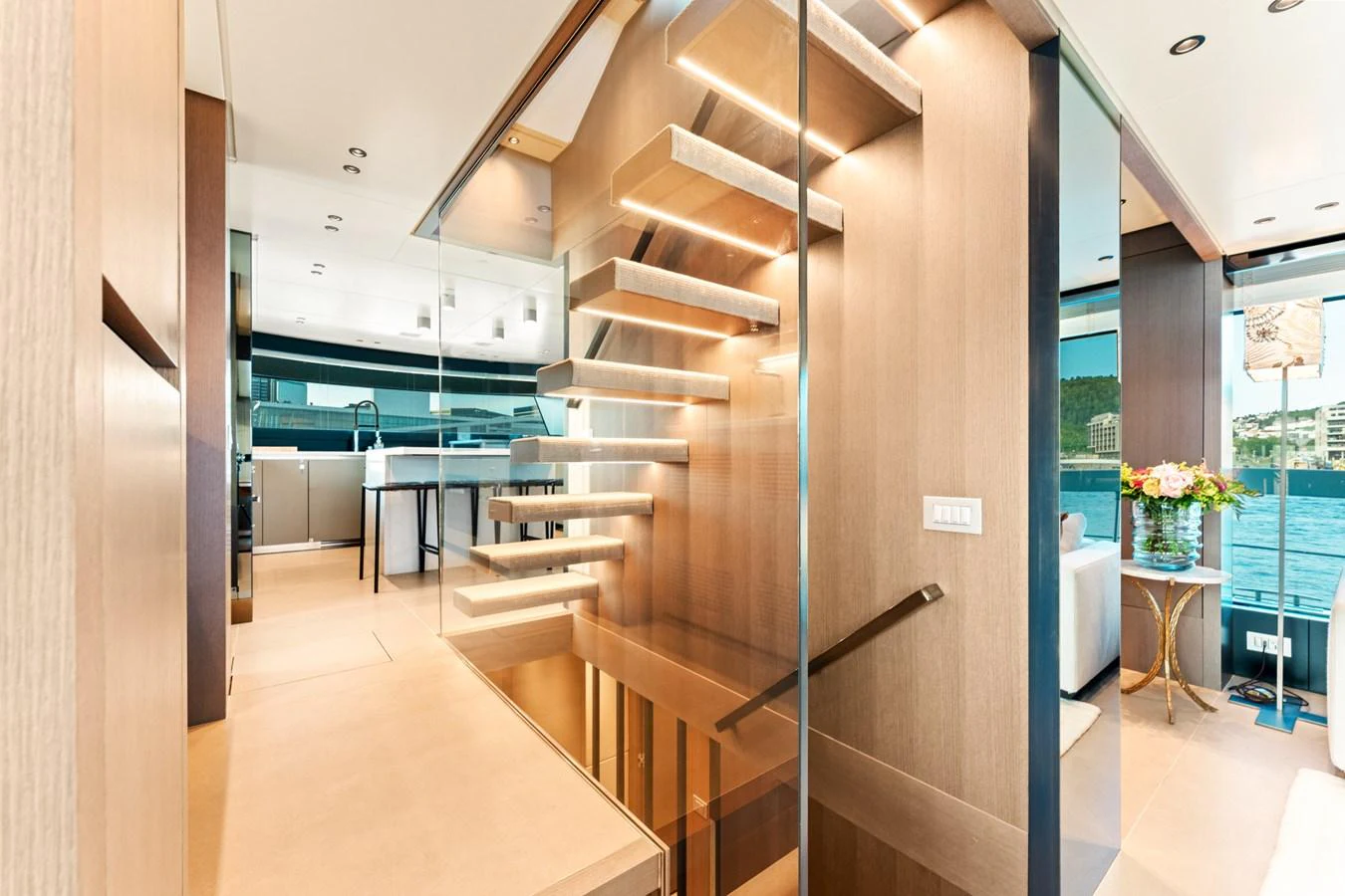 a modern house with a staircase aboard NORTH Yacht for Sale