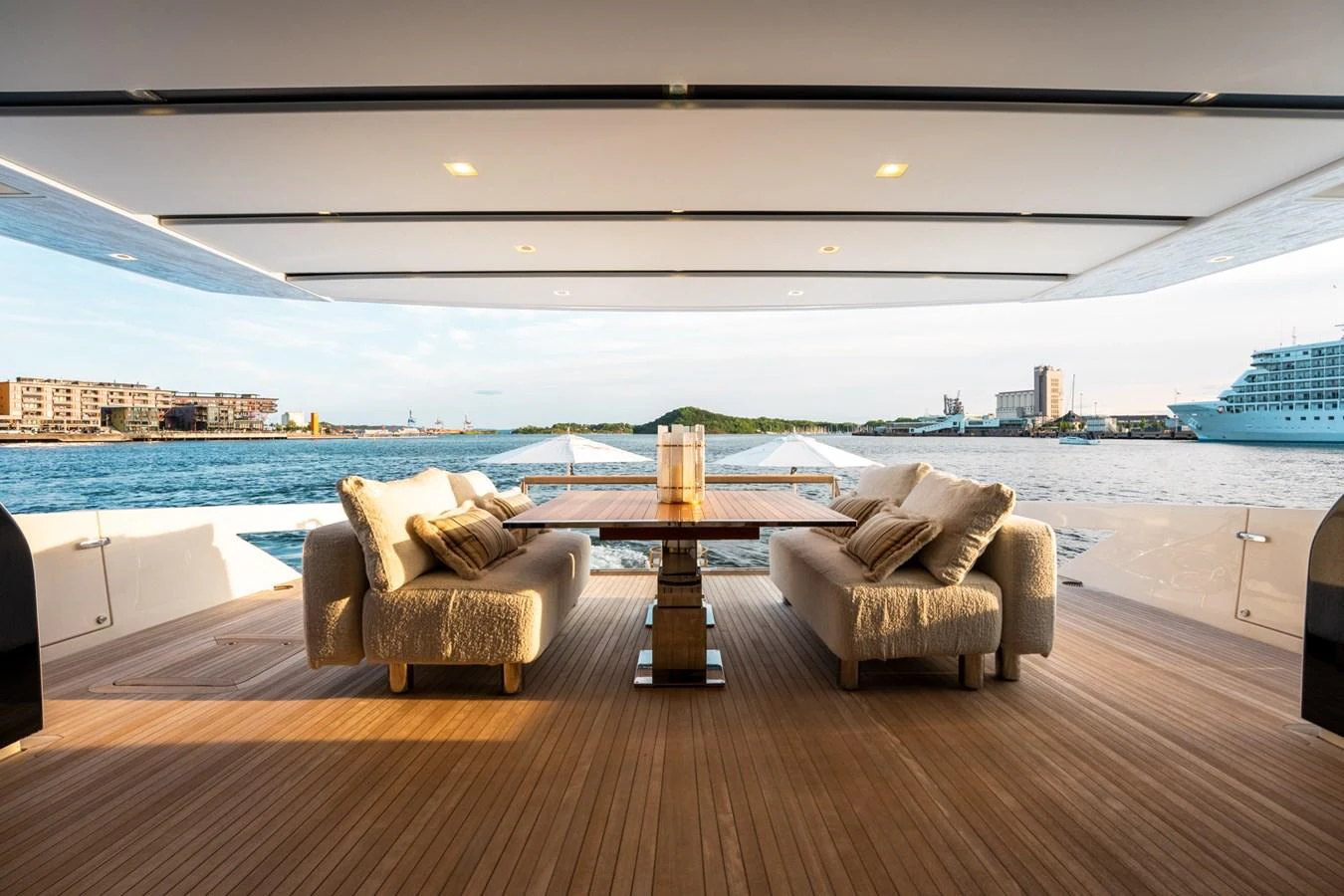 a room with a table and chairs aboard NORTH Yacht for Sale
