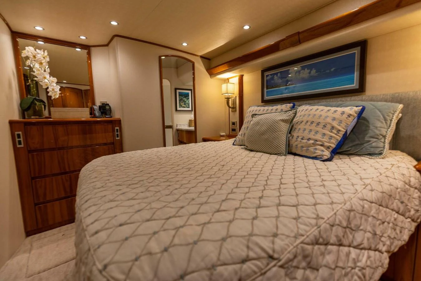 a large bed with pillows aboard MISS VIRGINIA Yacht for Sale