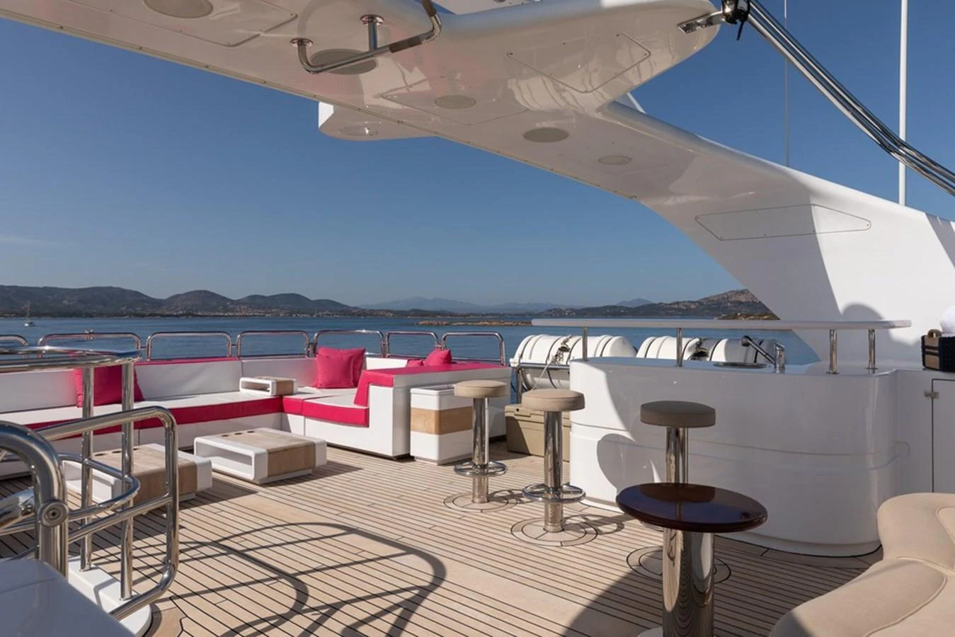 The sundeck offers a spacious and stylish area for relaxation and socializing with panoramic views. aboard VIRTUE Yacht for Sale