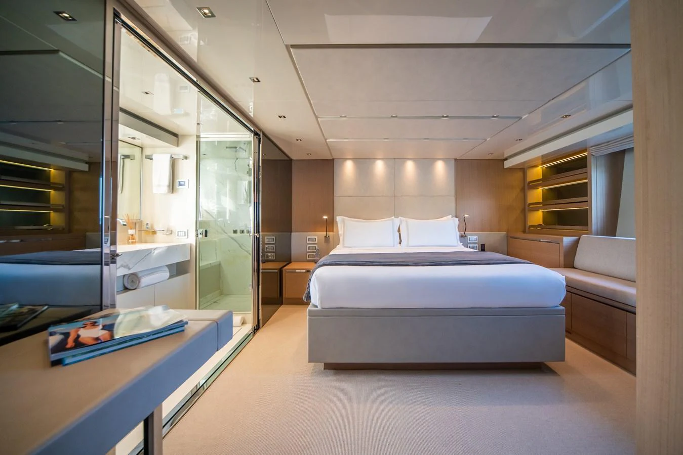 The master stateroom offers a luxurious and spacious retreat with modern amenities. aboard AKULA Yacht for Sale