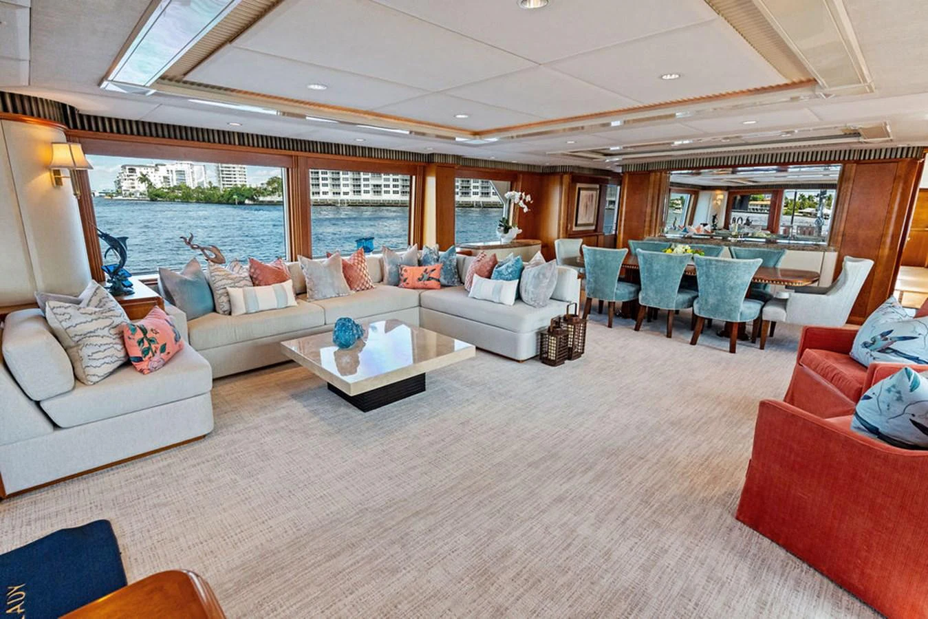 a living room with a large open floor plan aboard PICOSA LADY Yacht for Sale