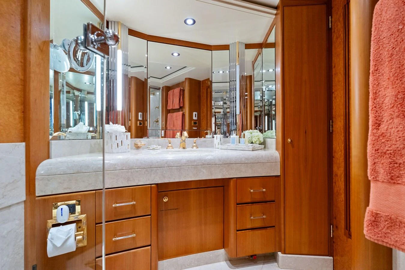 a bathroom with a large mirror aboard PICOSA LADY Yacht for Sale