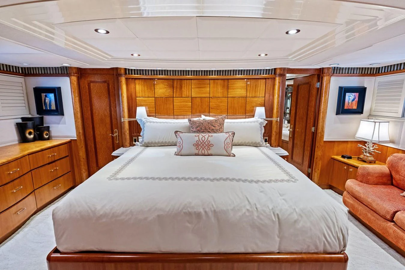 a large bed in a room aboard PICOSA LADY Yacht for Sale
