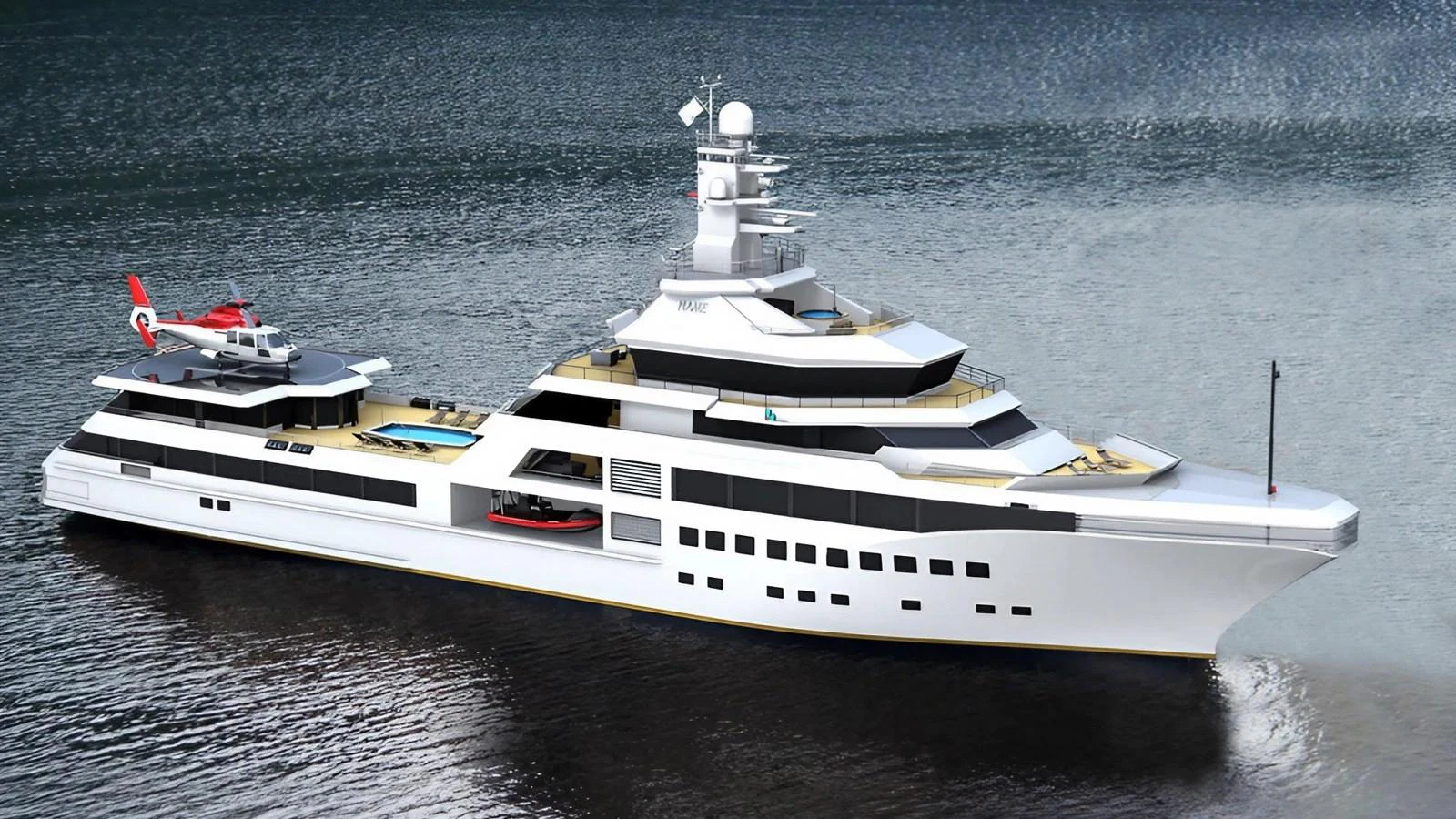 A sleek and modern yacht with multiple decks, featuring a helipad and luxurious amenities. aboard 801 Yacht for Sale