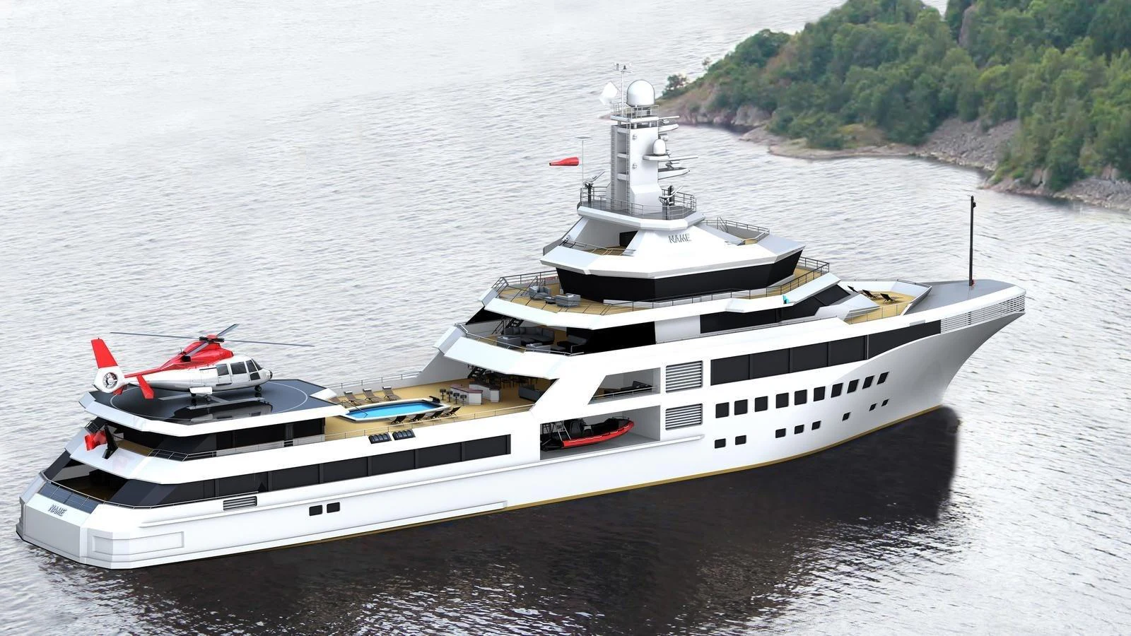 A luxurious yacht with multiple decks, a helicopter, and a pool, cruising near a lush shoreline. aboard 801 Yacht for Sale