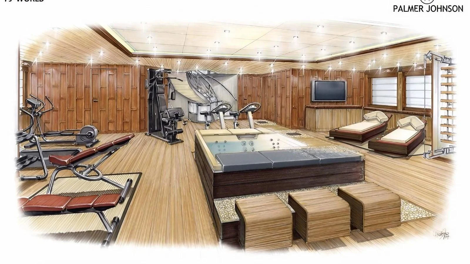 The yacht features a luxurious gym with modern equipment and a spa area. aboard 801 Yacht for Sale