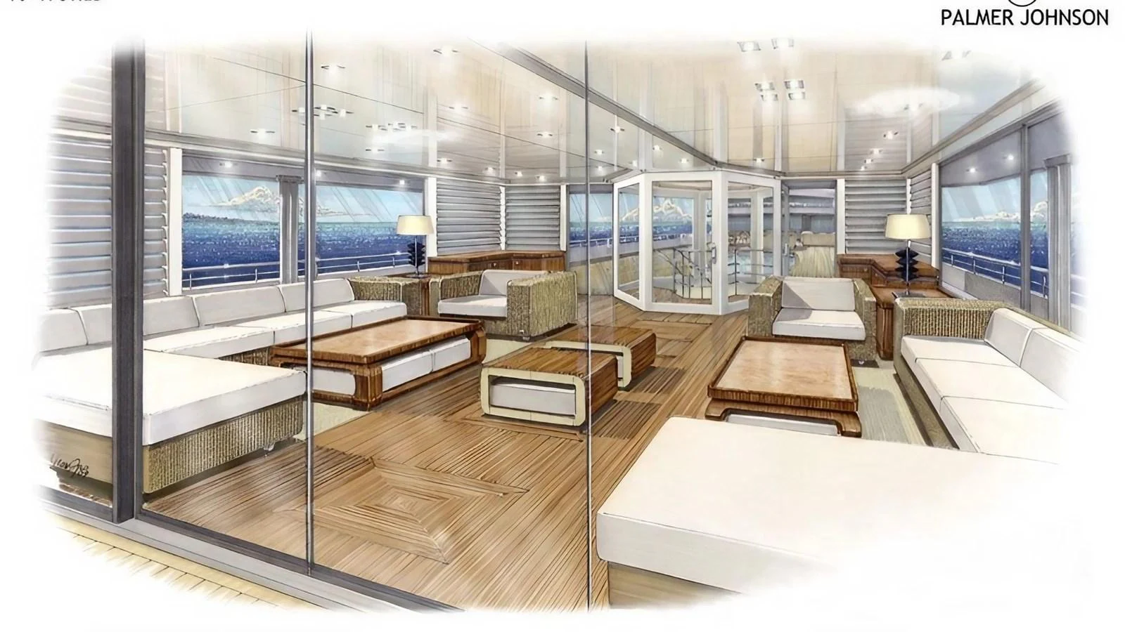 The spacious salon features elegant furnishings and panoramic windows for a luxurious experience. aboard 801 Yacht for Sale