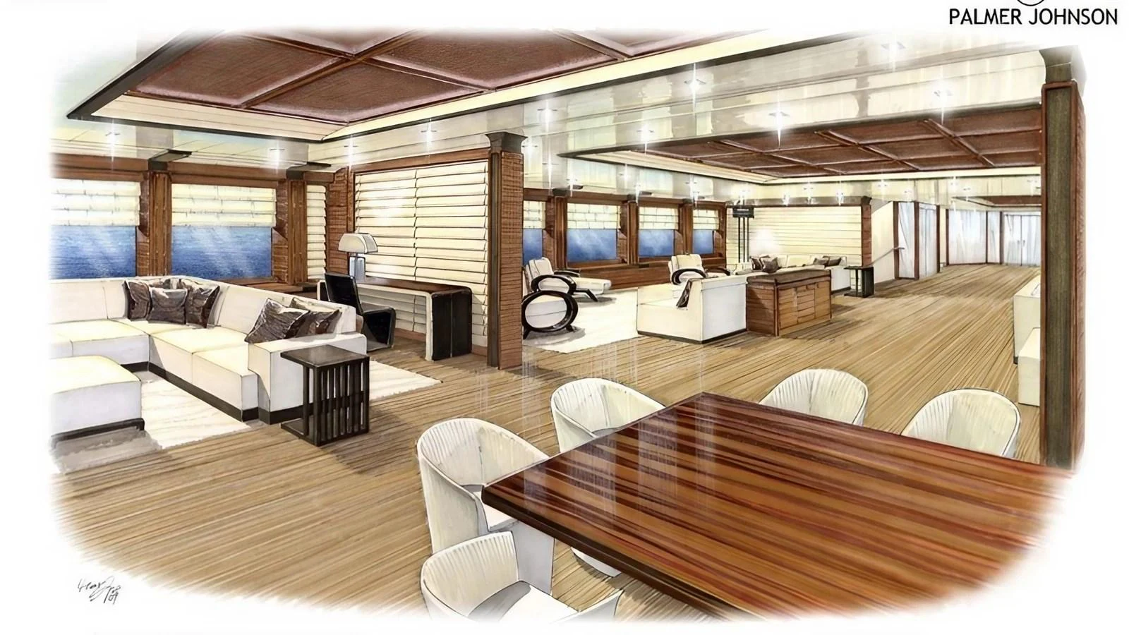 The spacious salon features elegant seating and dining areas with luxurious finishes. aboard 801 Yacht for Sale
