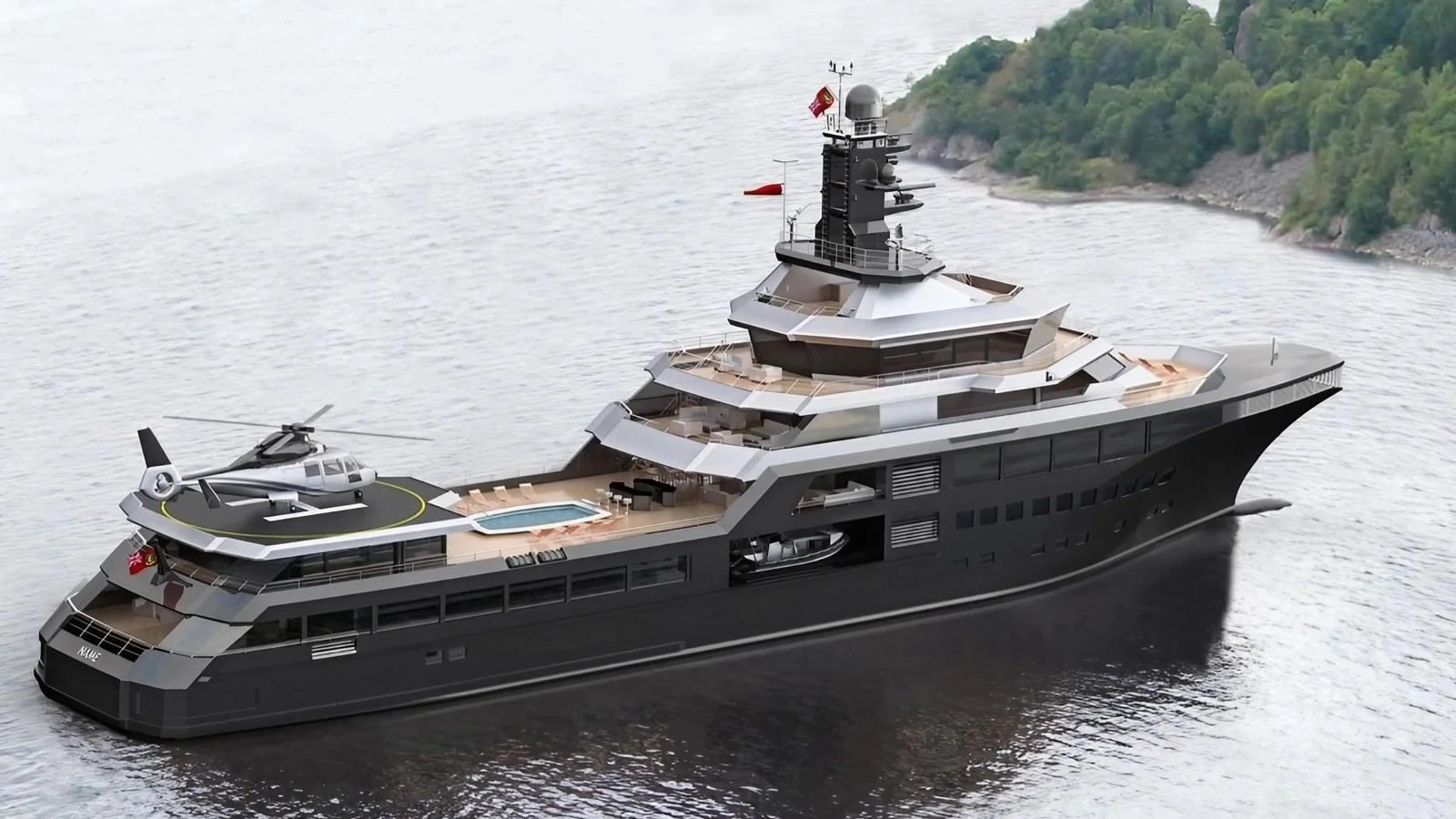A sleek and modern yacht cruising near a lush shoreline, featuring a helicopter on the deck and luxurious amenities. aboard 801 Yacht for Sale