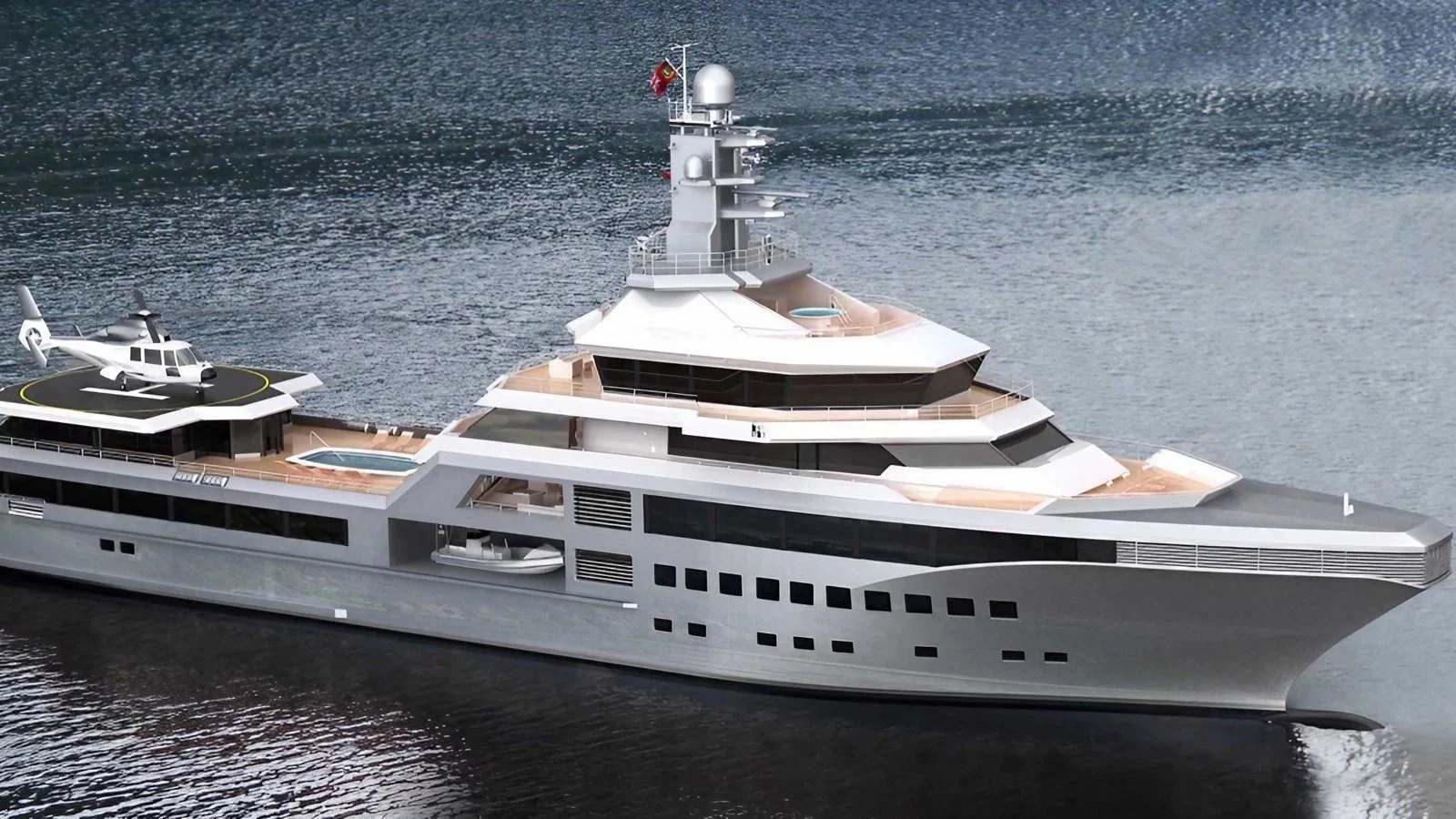 A sleek and modern yacht with multiple decks and a helipad, cruising on calm waters. aboard 801 Yacht for Sale