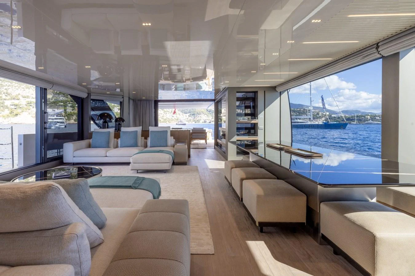 The spacious salon offers panoramic views and luxurious seating arrangements. aboard LADY LU' Yacht for Sale