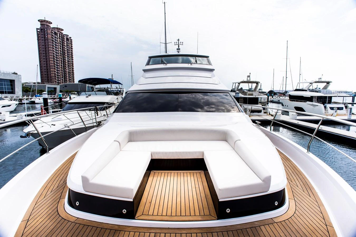 a boat on a deck aboard 70' JOHNSON SKYLOUNGE 2026 Yacht for Sale