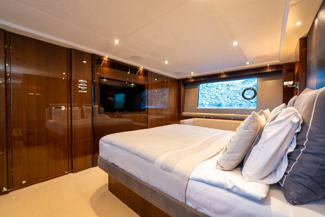 a bed in a room aboard MY LADY Yacht for Sale