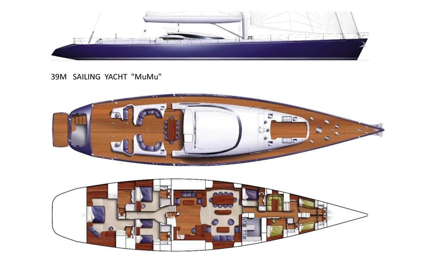 This image showcases the layout and profile of a 39-meter sailing yacht named 'MuMu'. aboard MUMU Yacht for Sale