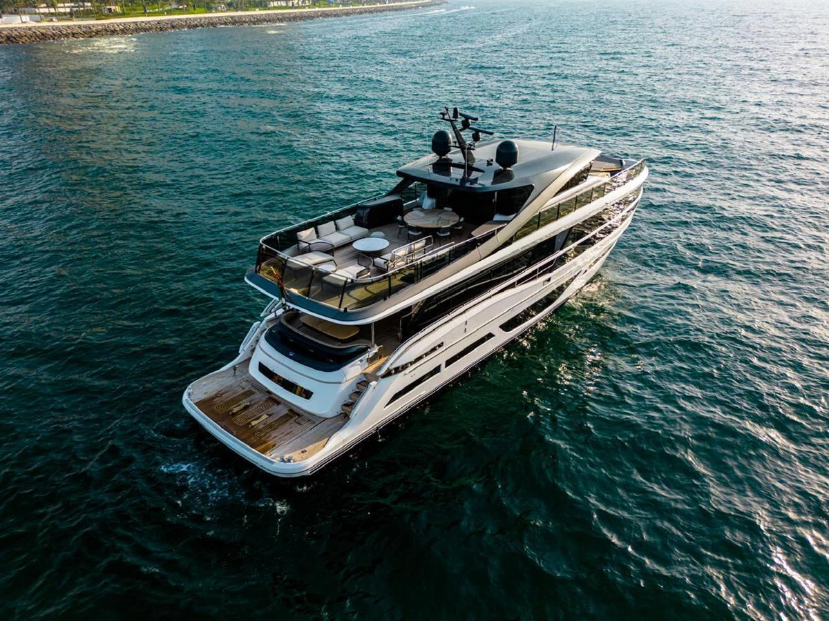 A luxurious yacht cruising on the open water, showcasing its sleek design and spacious decks. aboard SEMIA Yacht for Sale