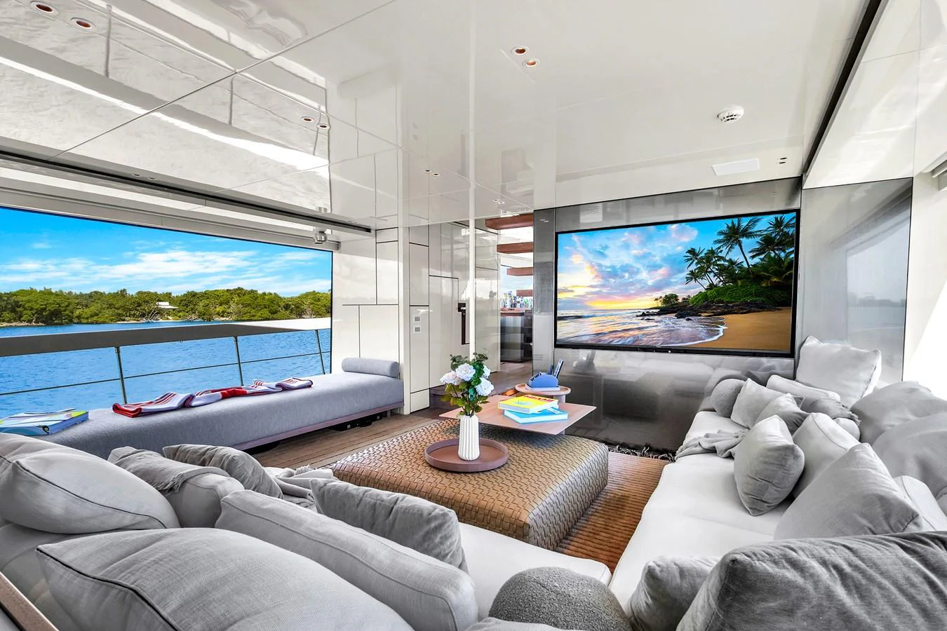 The salon offers a luxurious and comfortable space with panoramic views and modern amenities. aboard AIDA Yacht for Sale