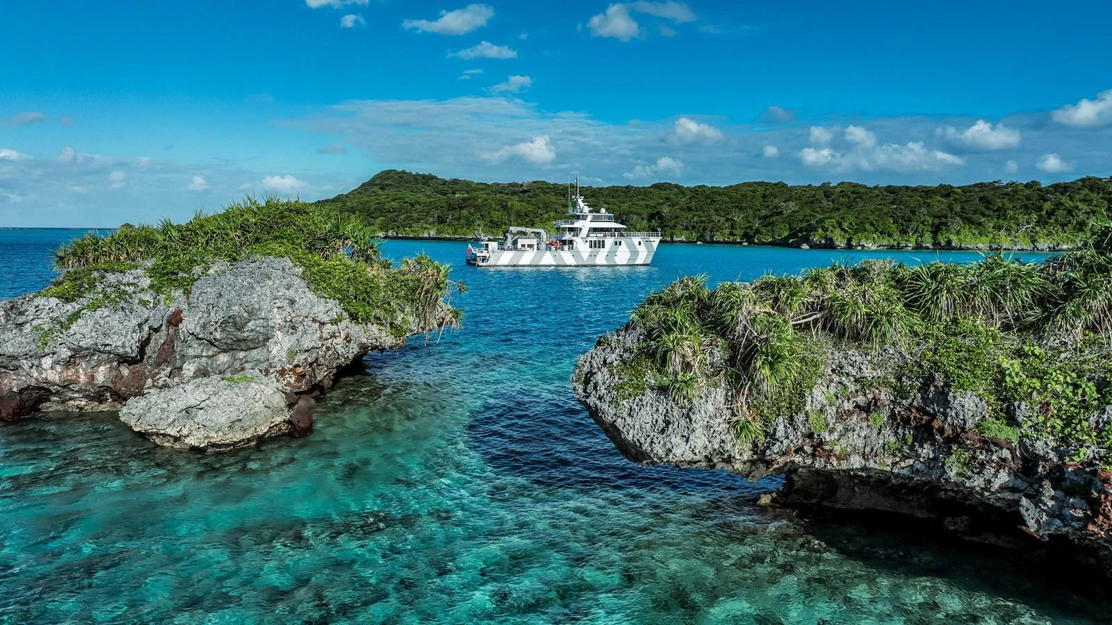 The yacht is anchored in a stunning tropical bay with clear turquoise waters and lush greenery. aboard THE BEAST Yacht for Sale