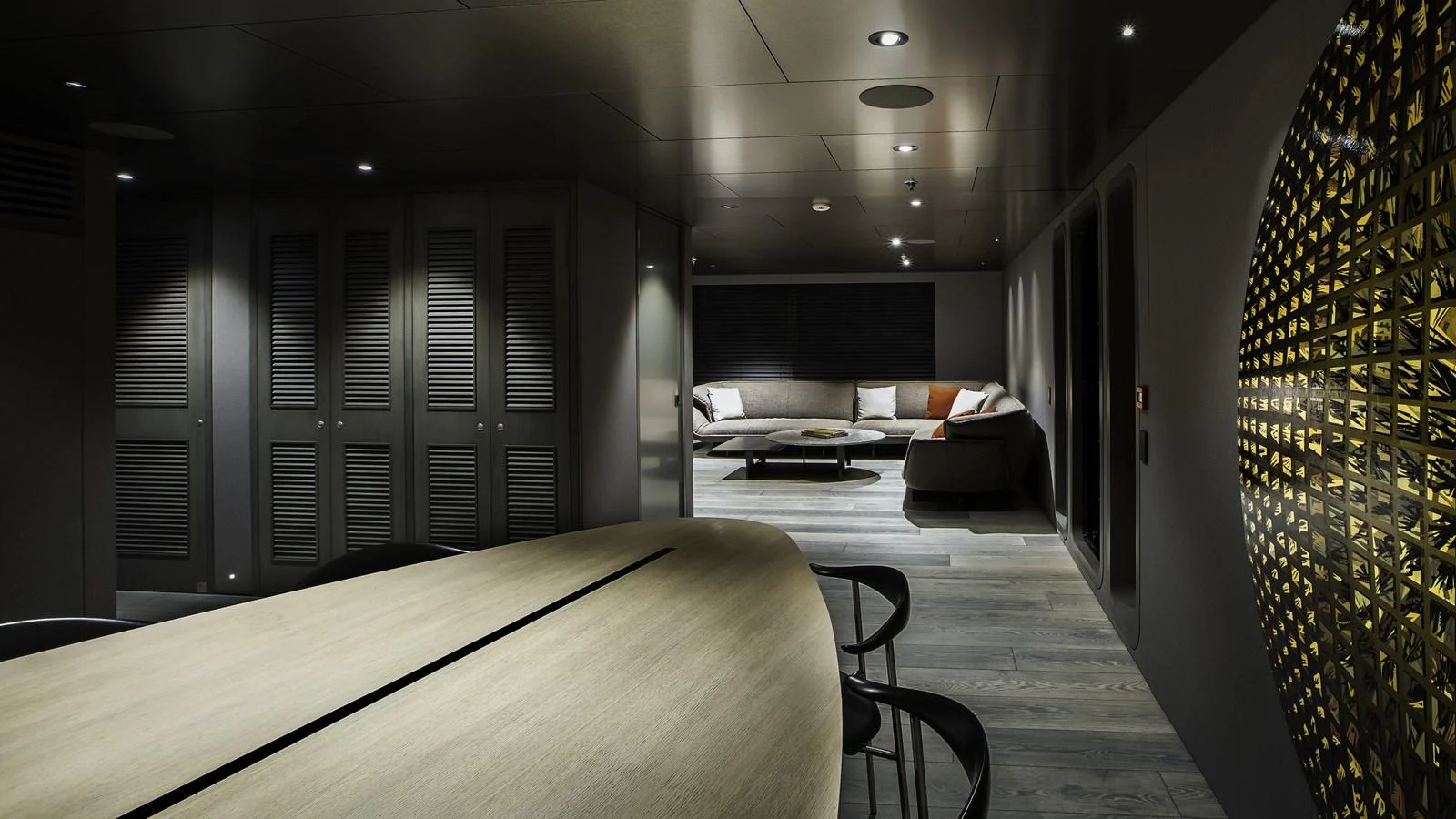 The yacht's salon features a modern and elegant design with comfortable seating and ambient lighting. aboard THE BEAST Yacht for Sale