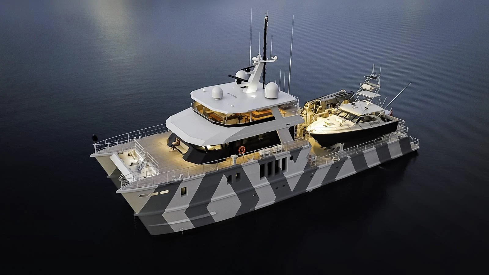 A striking yacht with a unique camouflage paint job, featuring a spacious deck and a tender on the aft. aboard THE BEAST Yacht for Sale