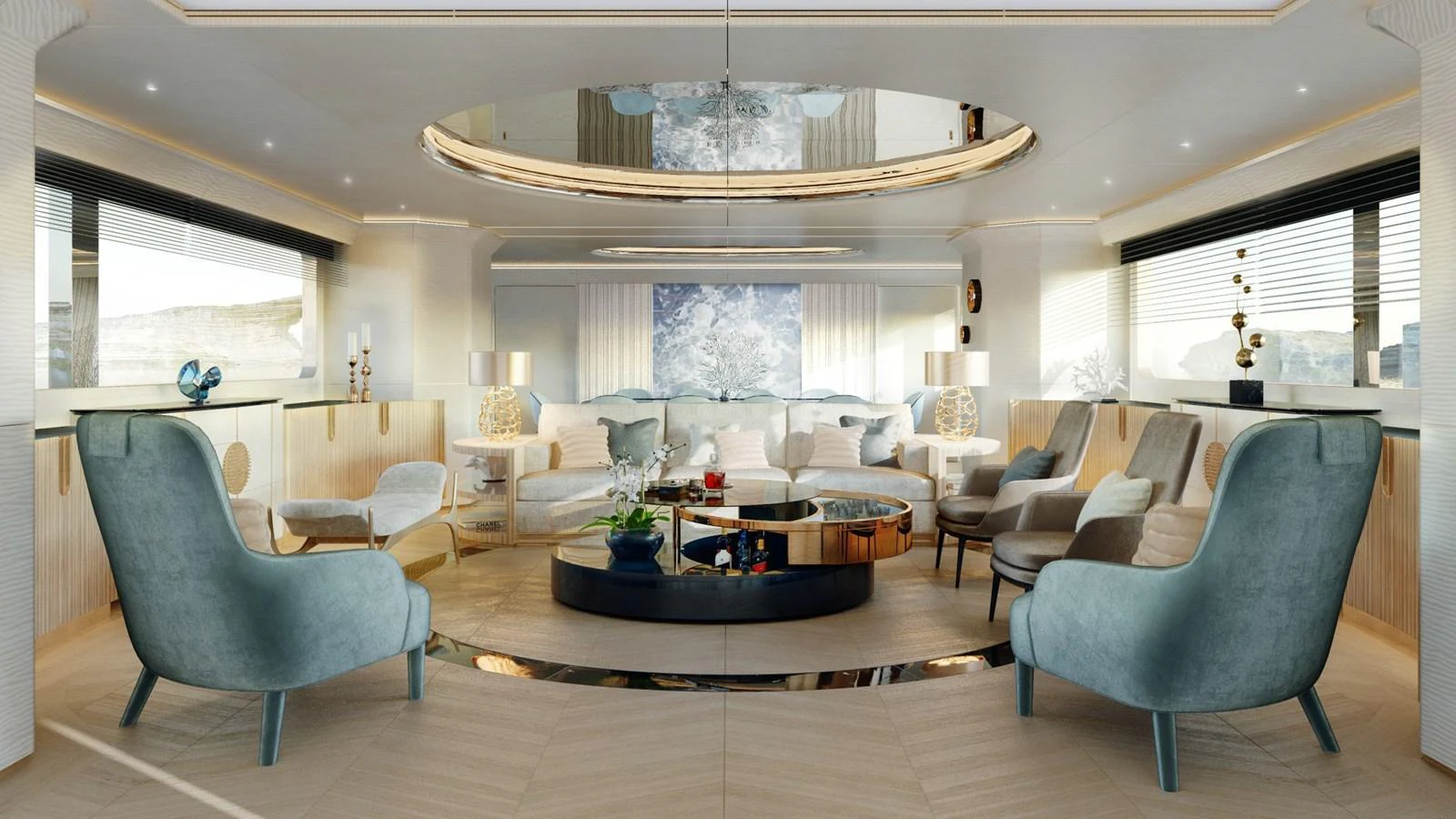 The salon features elegant seating with a modern design and ample natural light. aboard CLASSICA 40 Yacht for Sale