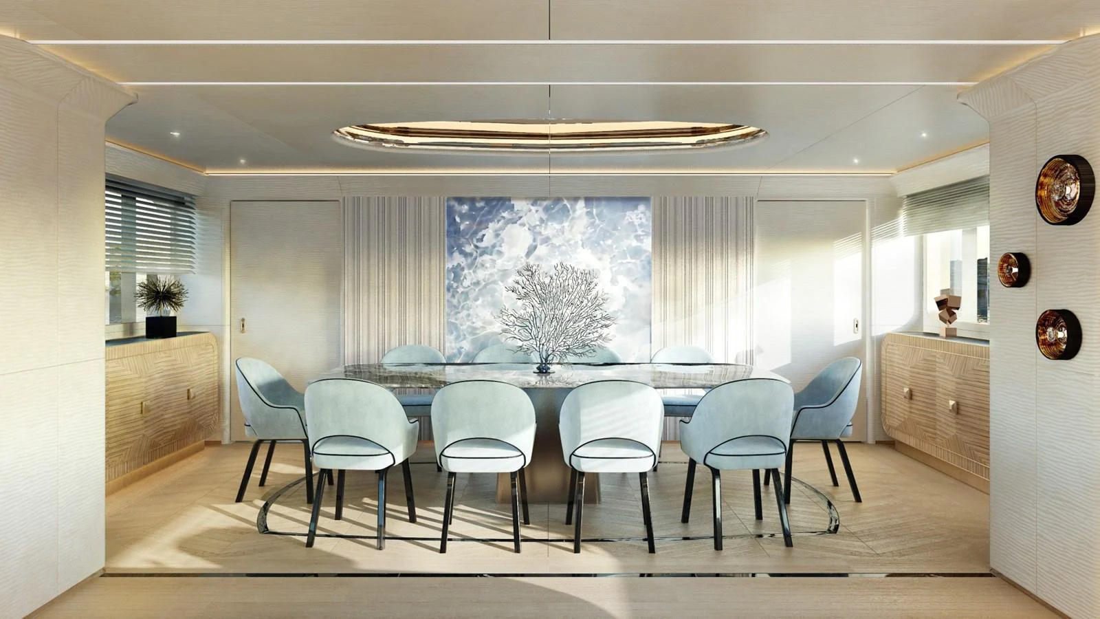 The yacht's dining area features a modern and elegant design with a large table and plush seating. aboard CLASSICA 40 Yacht for Sale