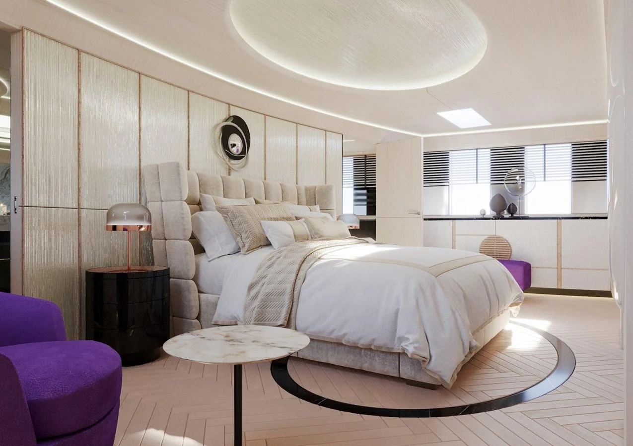 The master stateroom features a luxurious bed with plush bedding and elegant decor. aboard CLASSICA 40 Yacht for Sale