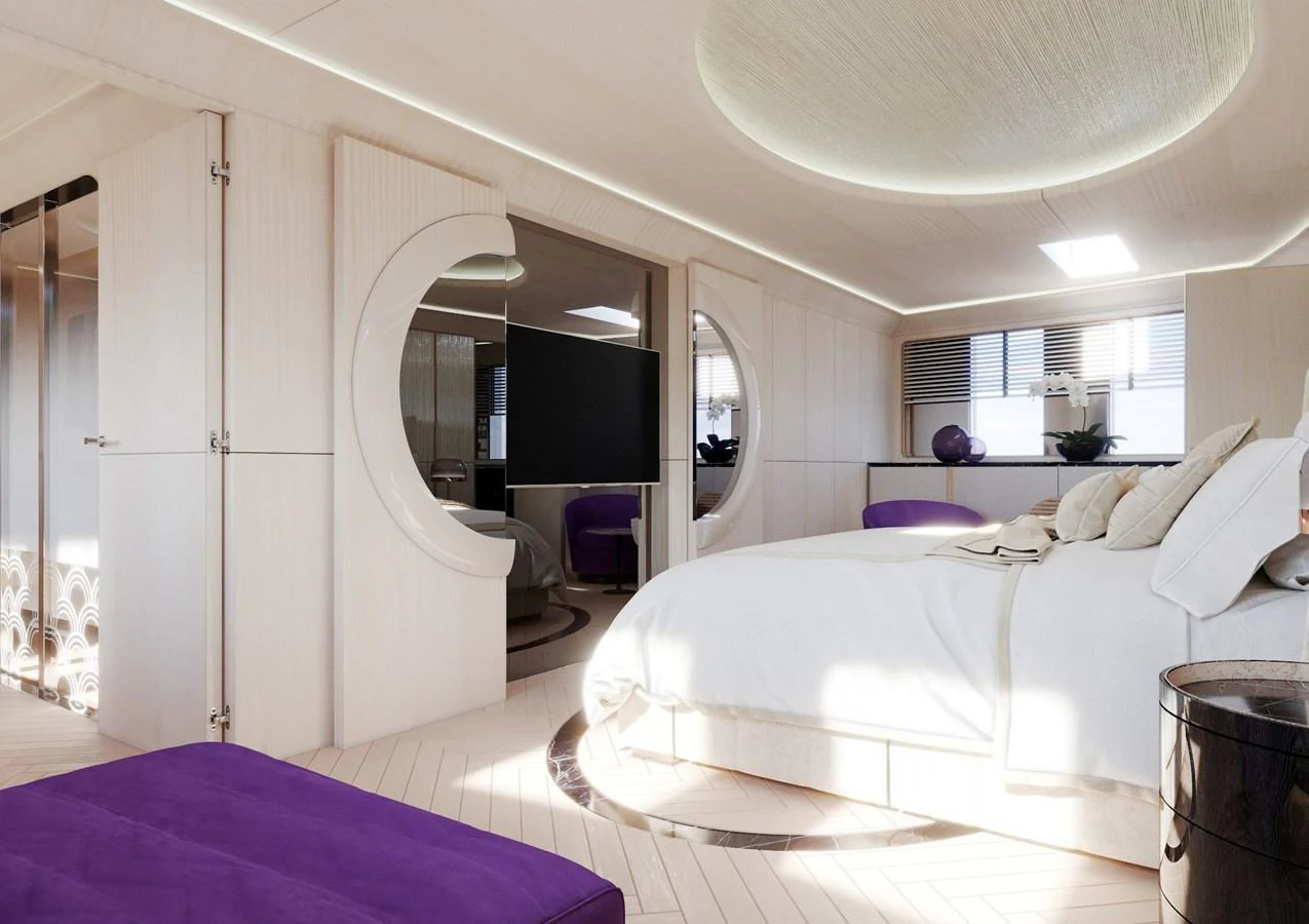 The master stateroom features a luxurious bed with elegant decor and modern lighting. aboard CLASSICA 40 Yacht for Sale