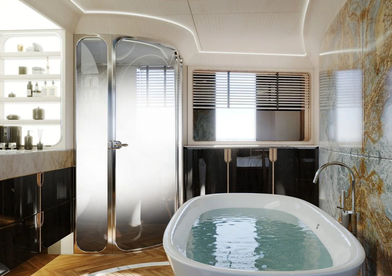 A luxurious yacht bathroom featuring a modern bathtub and elegant fixtures. aboard CLASSICA 40 Yacht for Sale